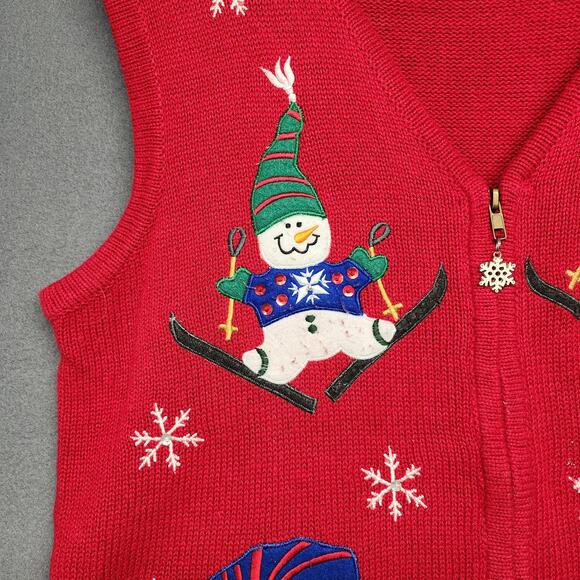 Bobbie Brooks Sweater Vest Womens Large Red Zip Ski Snowman Christmas Applique - Picture 9 of 12